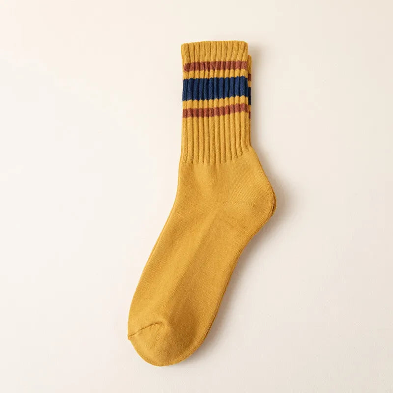 Mens 100% Cotton Retro Striped Tube Socks Heavy weight