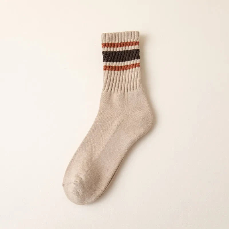 Mens 100% Cotton Retro Striped Tube Socks Heavy weight