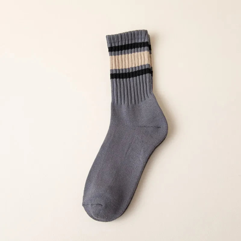 Mens 100% Cotton Retro Striped Tube Socks Heavy weight