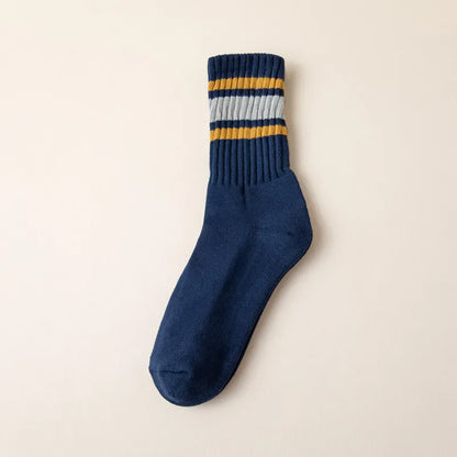 Mens 100% Cotton Retro Striped Tube Socks Heavy weight