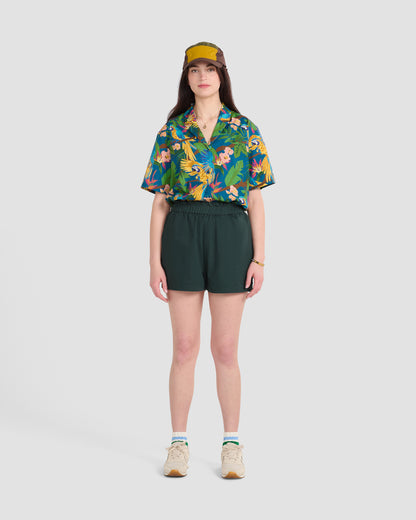 Women's Parrot Paradise Teal Print Oversized Camp Shirt