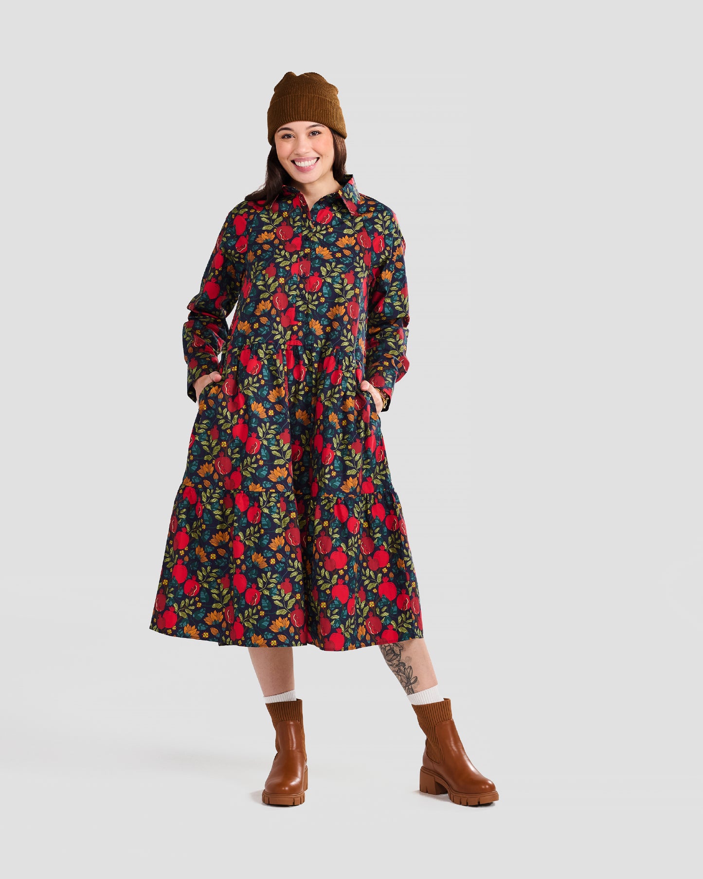 Pomegranates Printed Flared Pocket Shirt Dress