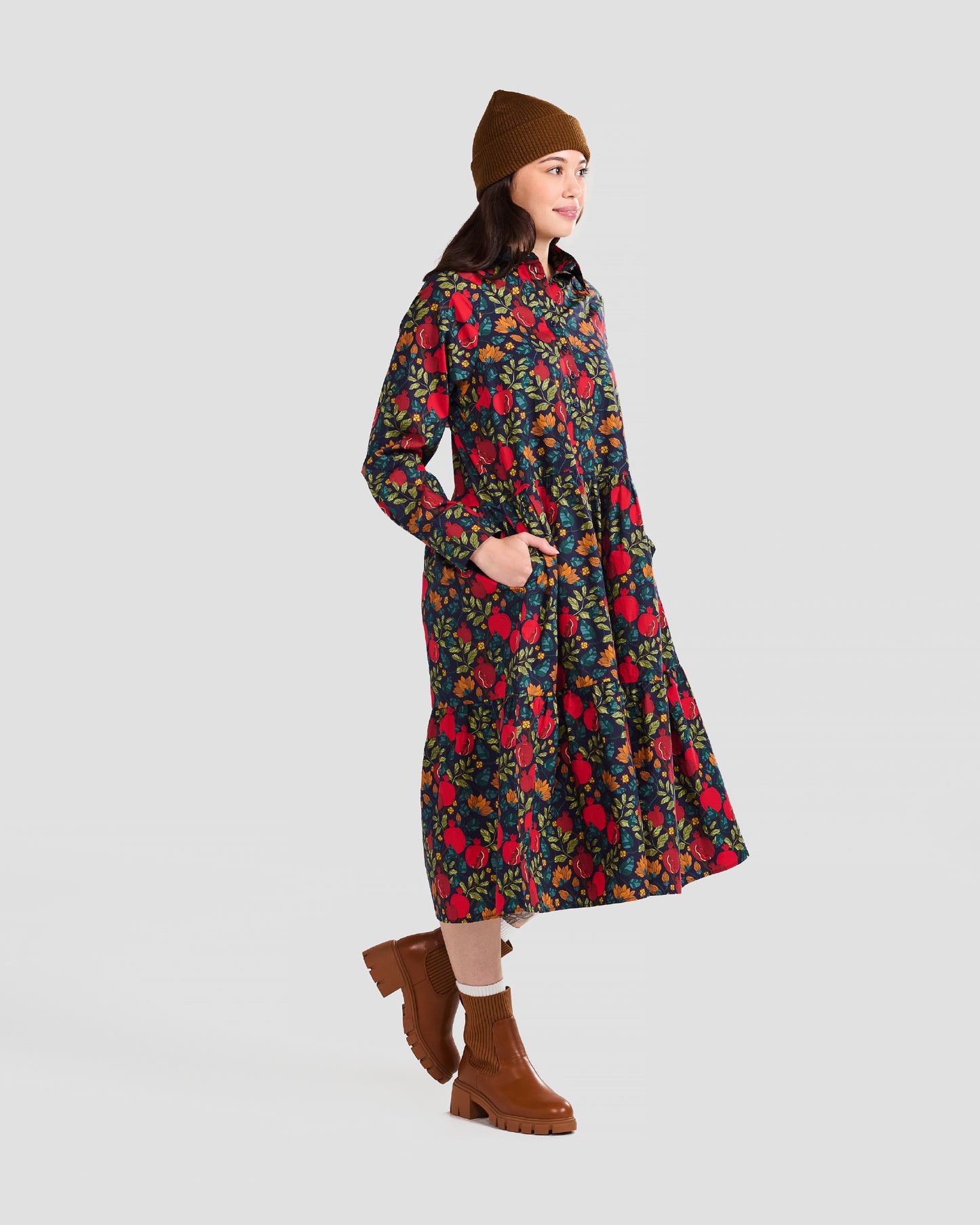 Pomegranates Printed Flared Pocket Shirt Dress