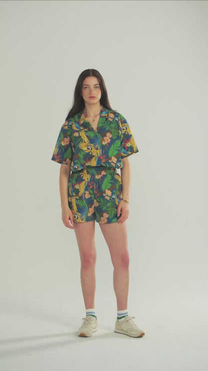 Women's Parrot Paradise Teal Print Oversized Camp Shirt